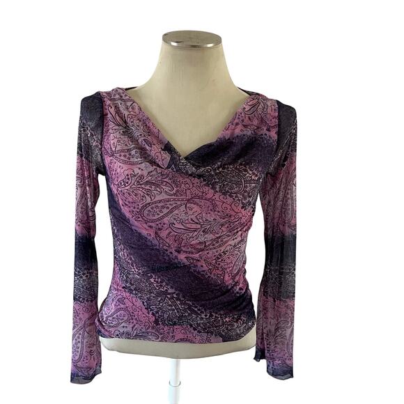 Vtg Y2k 2000s Purple Paisley Mesh Cowl Bell Sleeve Blouse Wmns S Fairycore - Picture 1 of 7